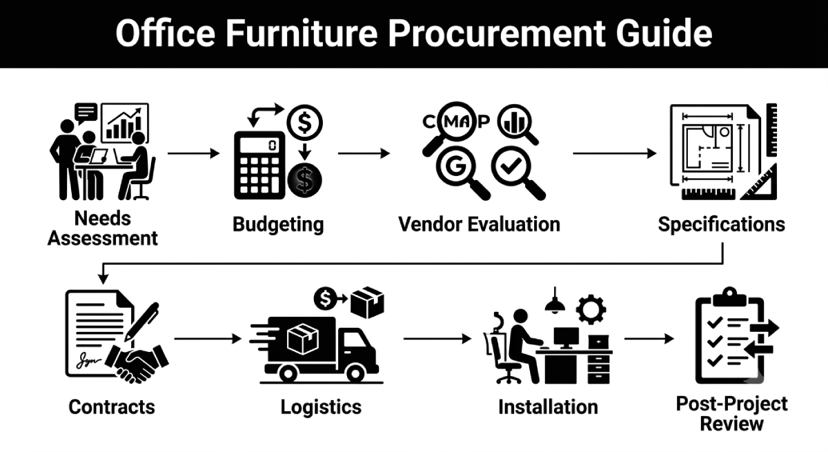 Office furniture procurement guide infographic showing needs assessment, budgeting, vendor evaluation, logistics, and installation.